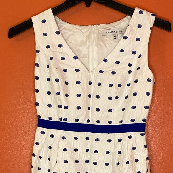 ⭐️Reposh⭐️ CARMEN MARC VALVO Size 4
White Blue Polka Dot Embroidered Dress - Picture 9 of 10
